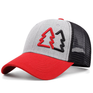 Nature-Inspired Trucker Hat with Tree Embroidery - Gray Red Hat
