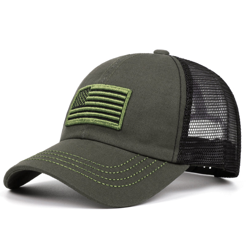 Patriotic American Flag Embroidered Trucker - Army Green