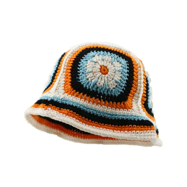 Retro Crochet Flower Bucket Hat - White