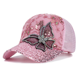 Rhinestone Butterfly Trucker Hat - Pink