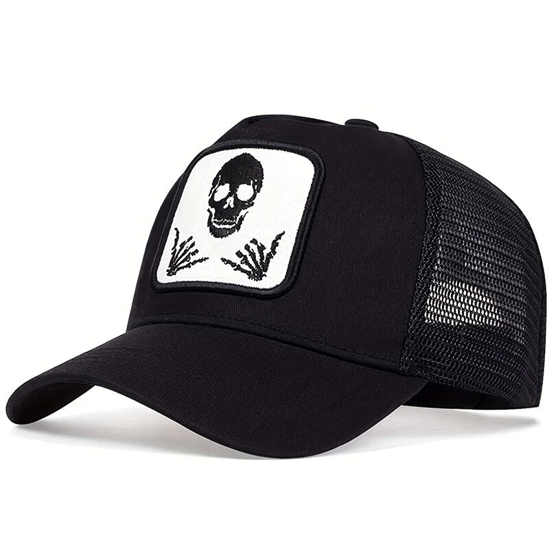 Rock Star Skull Patch Trucker Hat - Black & White 