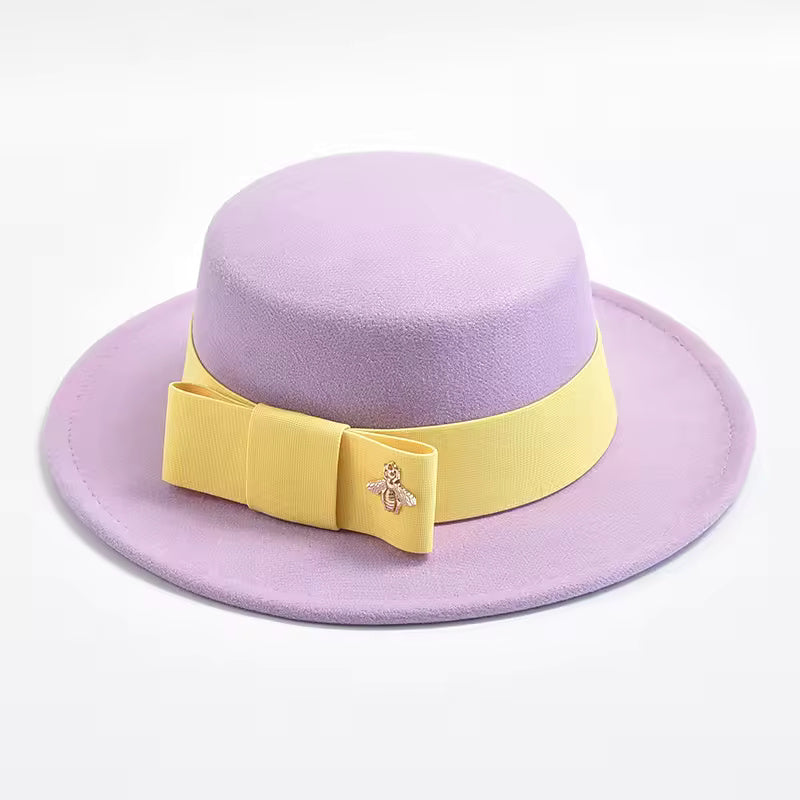 Flat-Top Fedora Hat with Ribbon Bow & Bee Accent