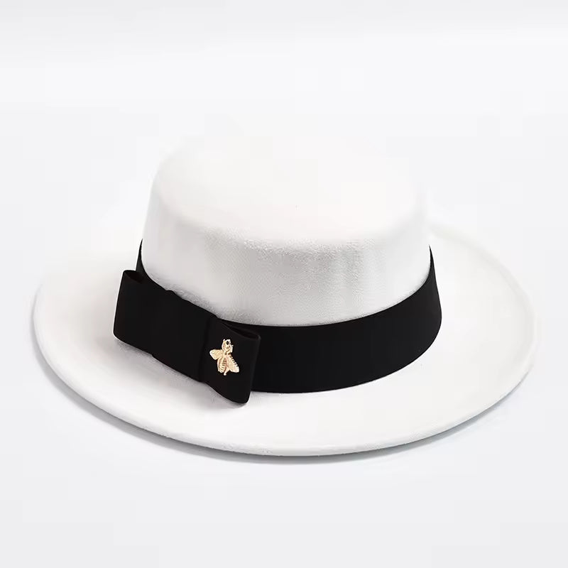 Flat-Top Fedora Hat with Ribbon Bow & Bee Accent