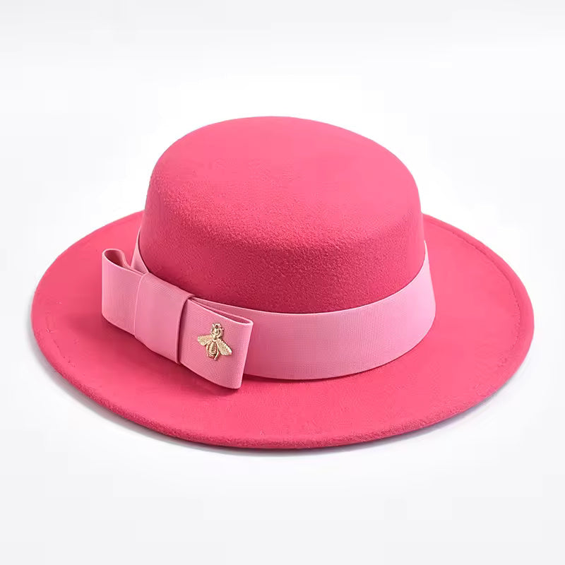 Flat-Top Fedora Hat with Ribbon Bow & Bee Accent