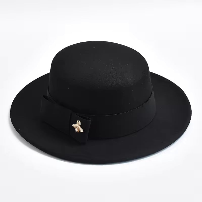 Flat-Top Fedora Hat with Ribbon Bow & Bee Accent