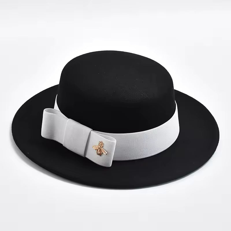 Flat-Top Fedora Hat with Ribbon Bow & Bee Accent