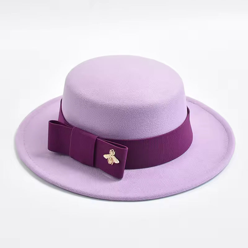 Flat-Top Fedora Hat with Ribbon Bow & Bee Accent