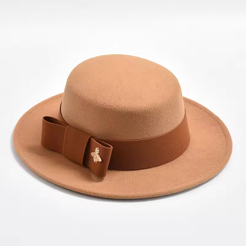 Flat-Top Fedora Hat with Ribbon Bow & Bee Accent