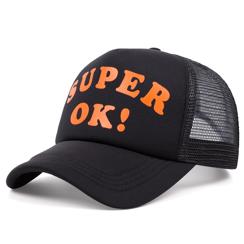  SUPER OK! Mesh Trucker Hat - Retro Vibes, Modern Comfort - Black