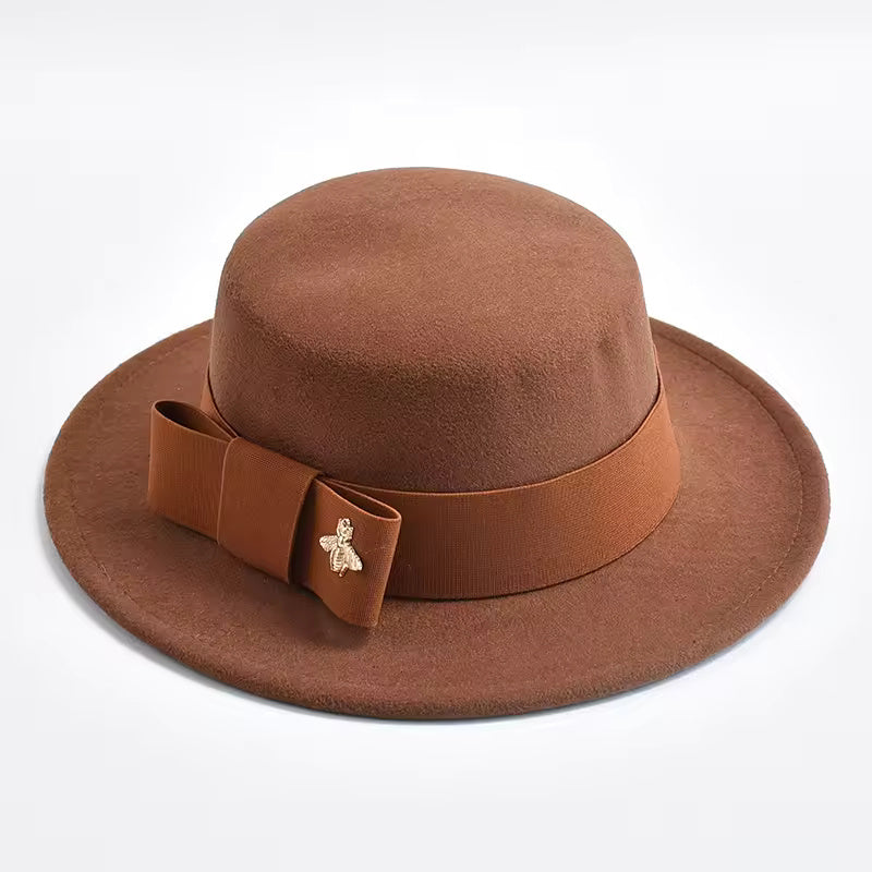 Flat-Top Fedora Hat with Ribbon Bow & Bee Accent