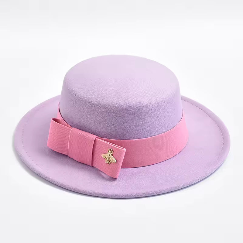 Flat-Top Fedora Hat with Ribbon Bow & Bee Accent