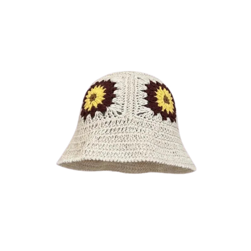 Sunflower Crochet Bucket Hat - Beige