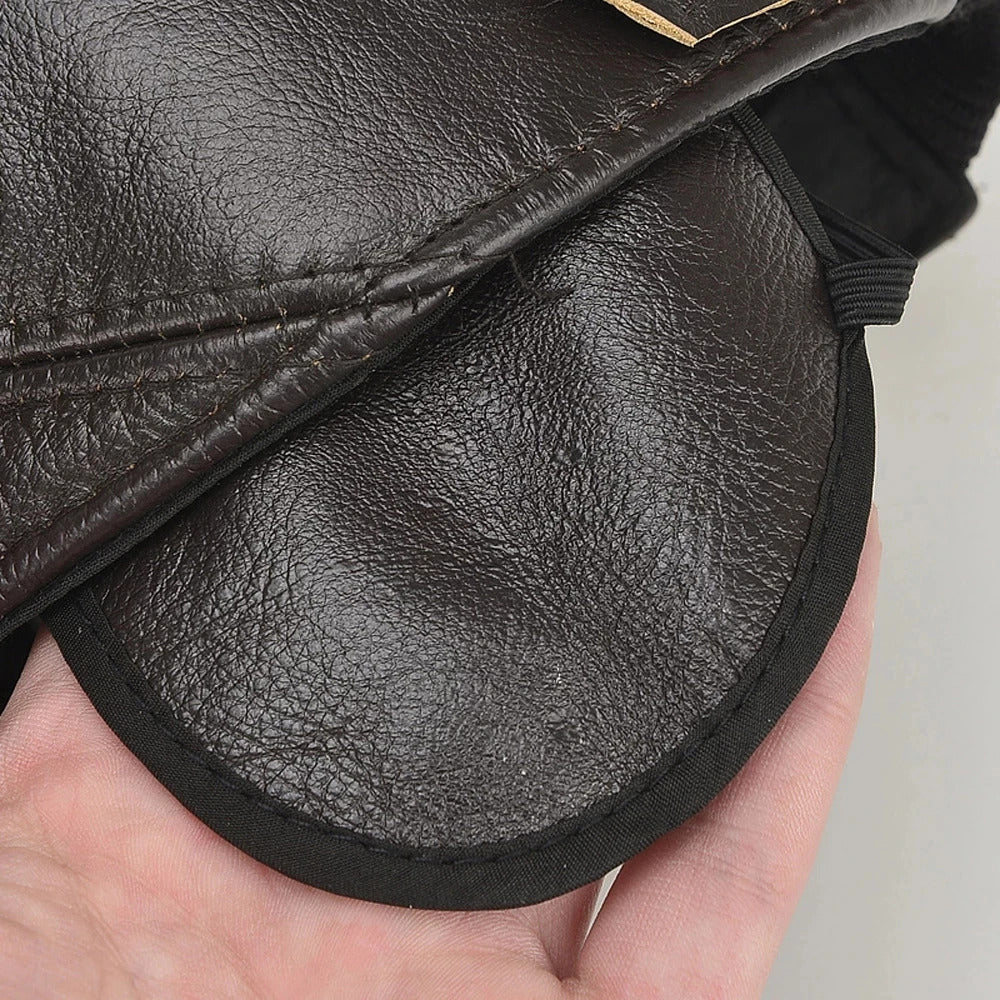 The Legacy Leather Baseball Cap with earflaps, earflap zoom view