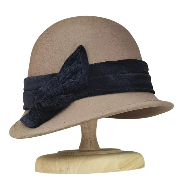 The Velvet Bloom Wool Cloche Hat - Beige