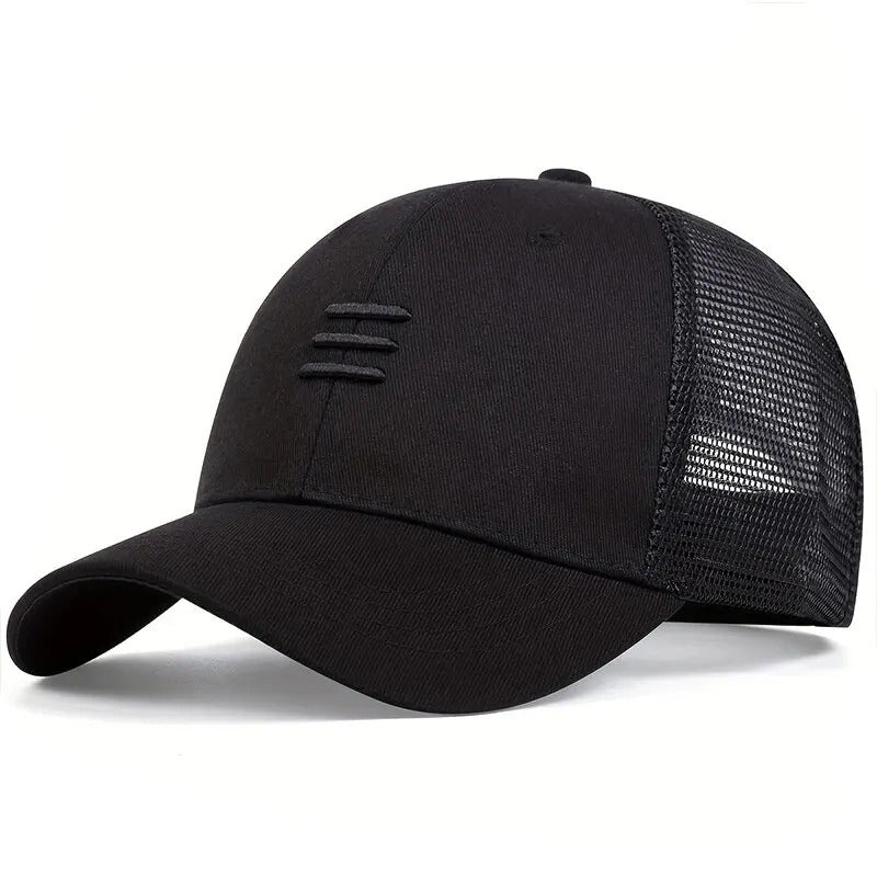 Three Strip Embroidered Trucker Hat  - Black