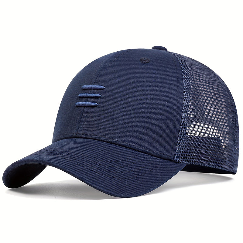 Three Strip Embroidered Trucker Hat  - Blue