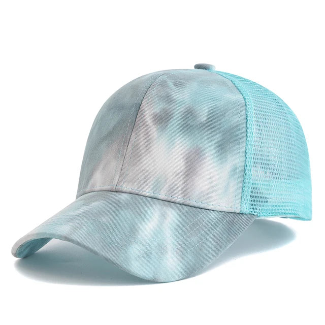 Vibrant Tie-Dye Ponytail Baseball Trucker Hat - Sky Blue