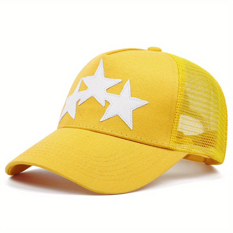 Vibrant Trucker Hat with Bold White Stars - Yellow