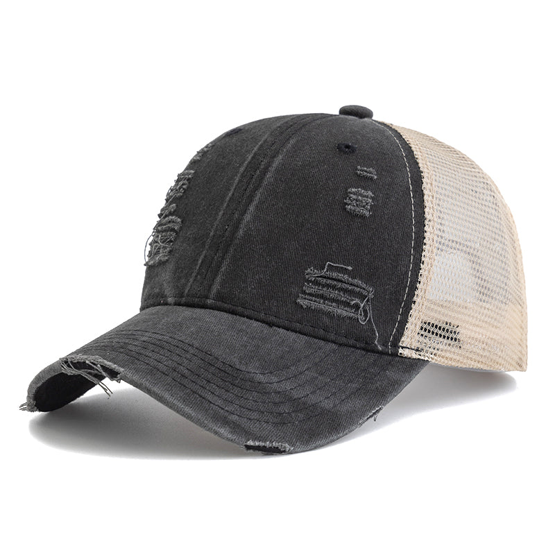 Vintage-Style Distressed Trucker Hat - Black