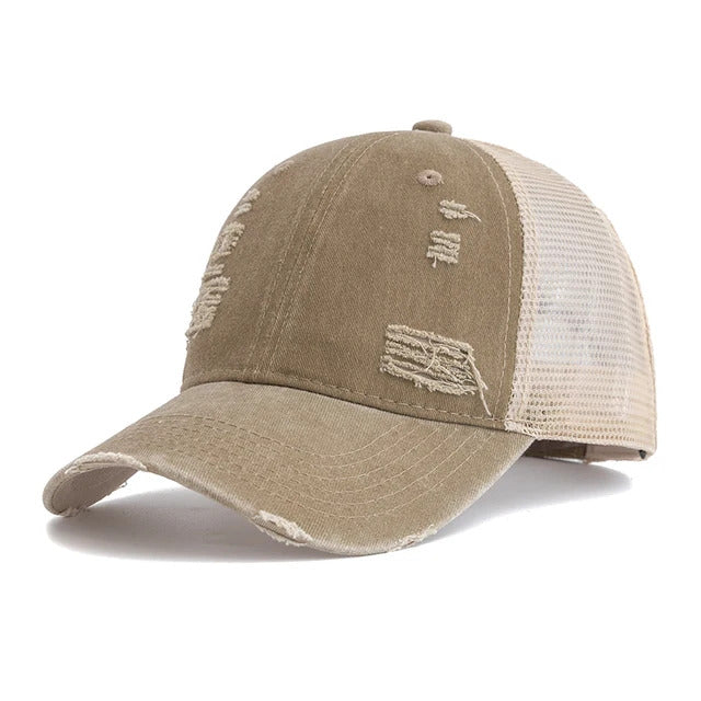 Vintage-Style Distressed Trucker Hat - Khaki
