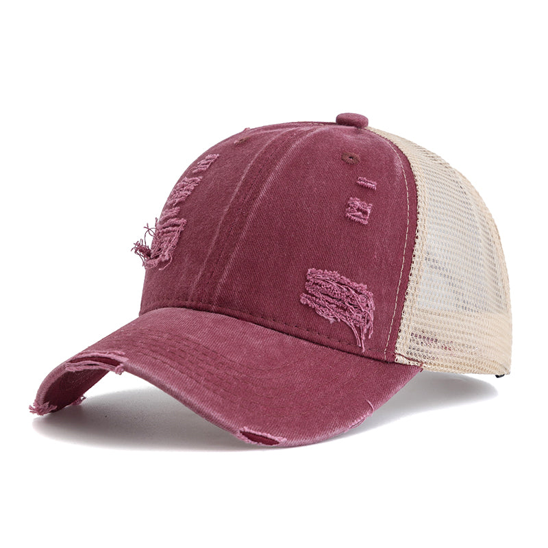 Vintage-Style Distressed Trucker Hat - Red