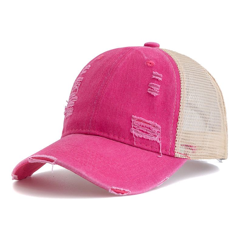 Vintage-Style Distressed Trucker Hat - Rose Red