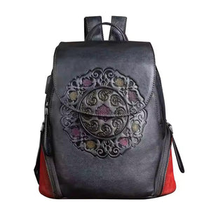 Vintage Embossed Leather Backpack for Women - Black