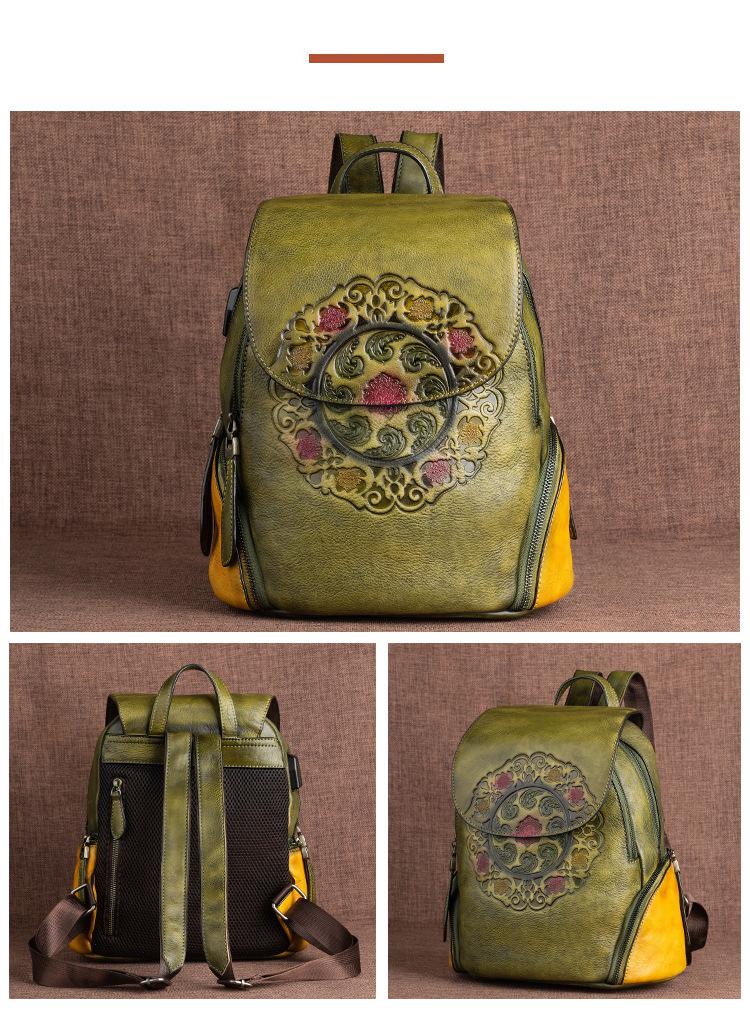 Vintage Embossed Leather Backpack for Women - Green all sides