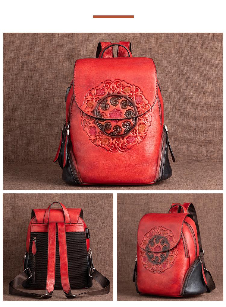 Vintage Embossed Leather Backpack for Women - Red all sides