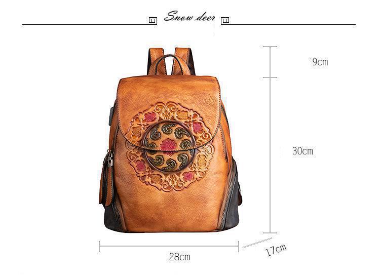 Vintage Embossed Leather Backpack for Women - Size View