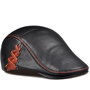 Vintage Fitted Leather Flat Ivy Cap with Braided Detail - Black