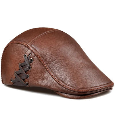 Vintage Fitted Leather Flat Ivy Cap with Braided Detail - Brown