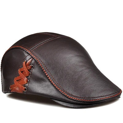 Vintage Fitted Leather Flat Ivy Cap with Braided Detail - Coffee