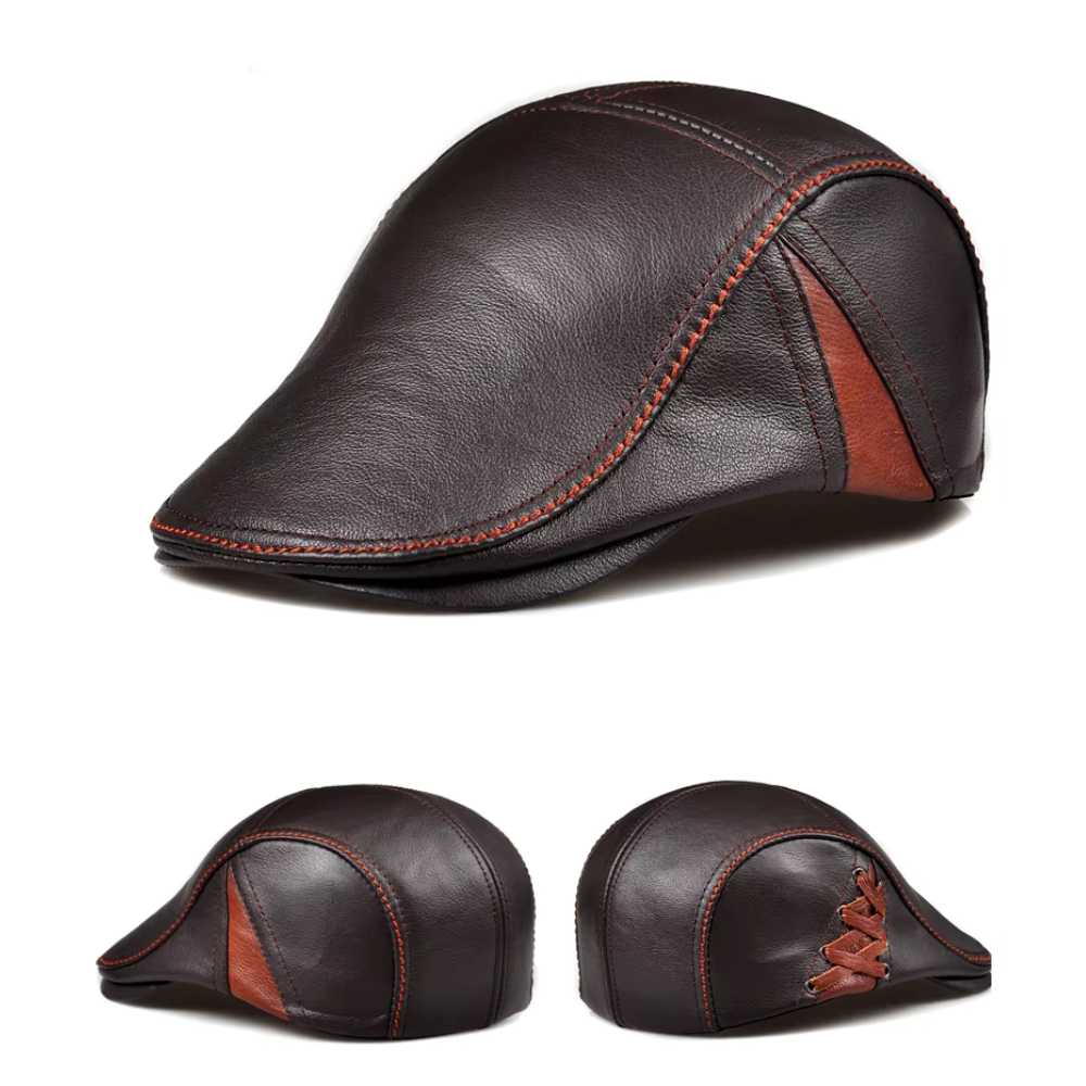 Vintage_Fitted_Leather_Flat_Ivy_Cap_with_Braided_Detail_Coffee_all_sides_view