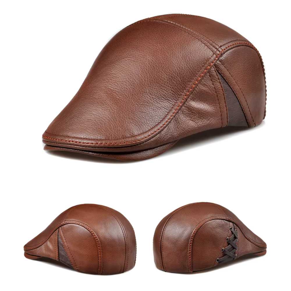 Vintage_Fitted_Leather_Flat_Ivy_Cap_with_Braided_Detail_brown_all_sides_view