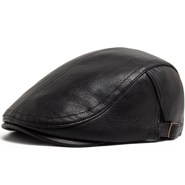 Vintage PU Leather Flat Cap - Black