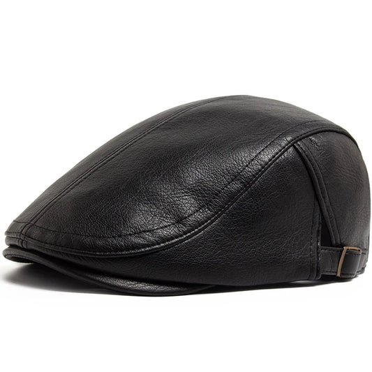 Vintage PU Leather Flat Cap - Black