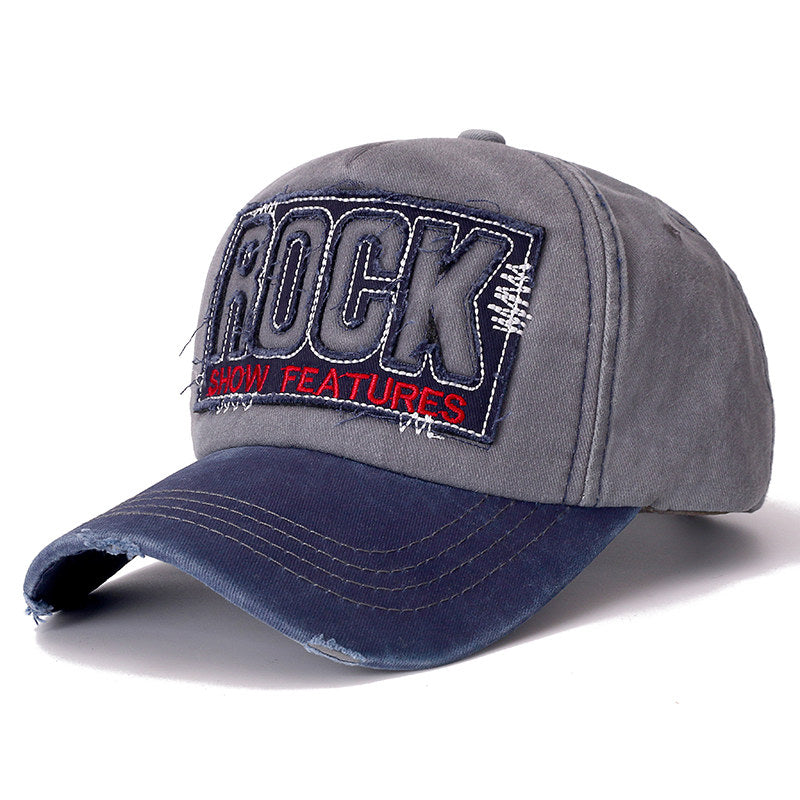  Vintage Washed ‘ROCK’ Baseball Cap - Navy Blue Grey 