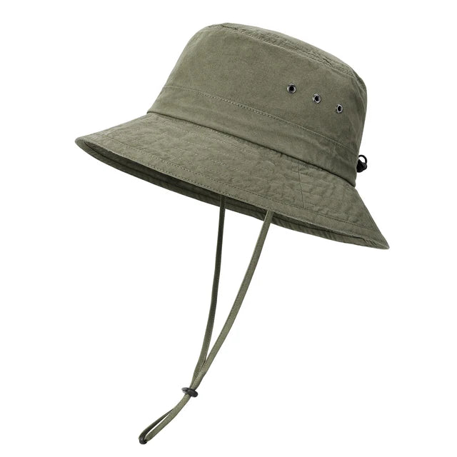 Washed Cotton Plain Bucket Hat with chin straps - Army Green