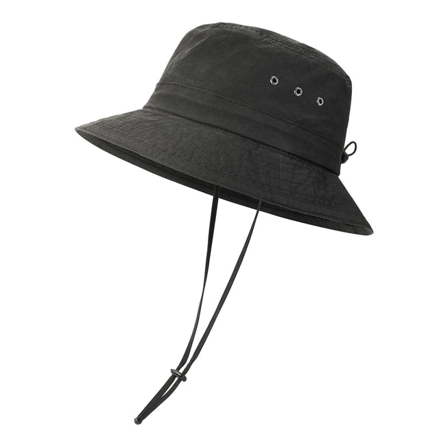 Washed Cotton Plain Bucket Hat with chin straps - Black
