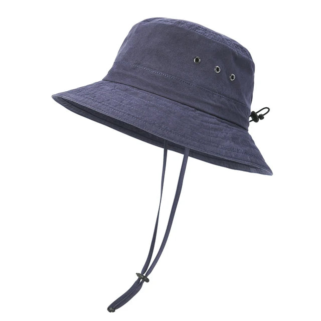 Washed Cotton Plain Bucket Hat with chin straps - Blue