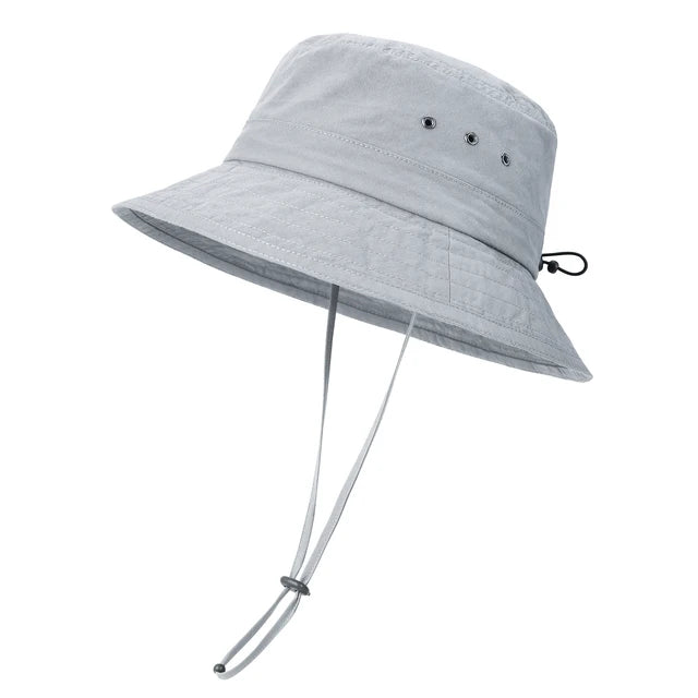 Washed Cotton Plain Bucket Hat with chin straps - Gray