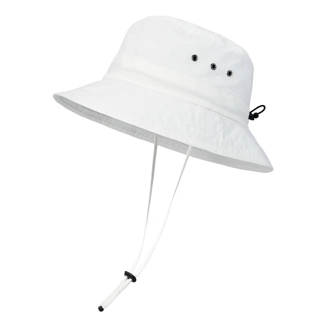 Washed Cotton Plain Bucket Hat with chin straps - White