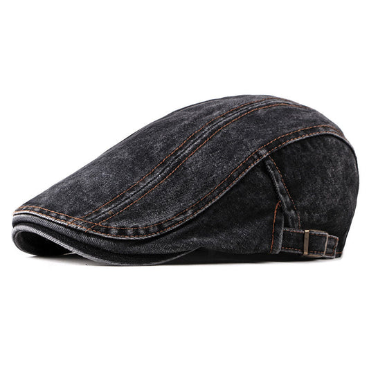 Washed Denim Flat Peaked Cap - Black 