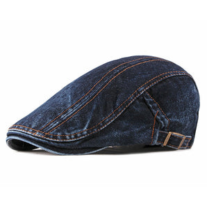Washed Denim Flat Peaked Cap - Navy Blue