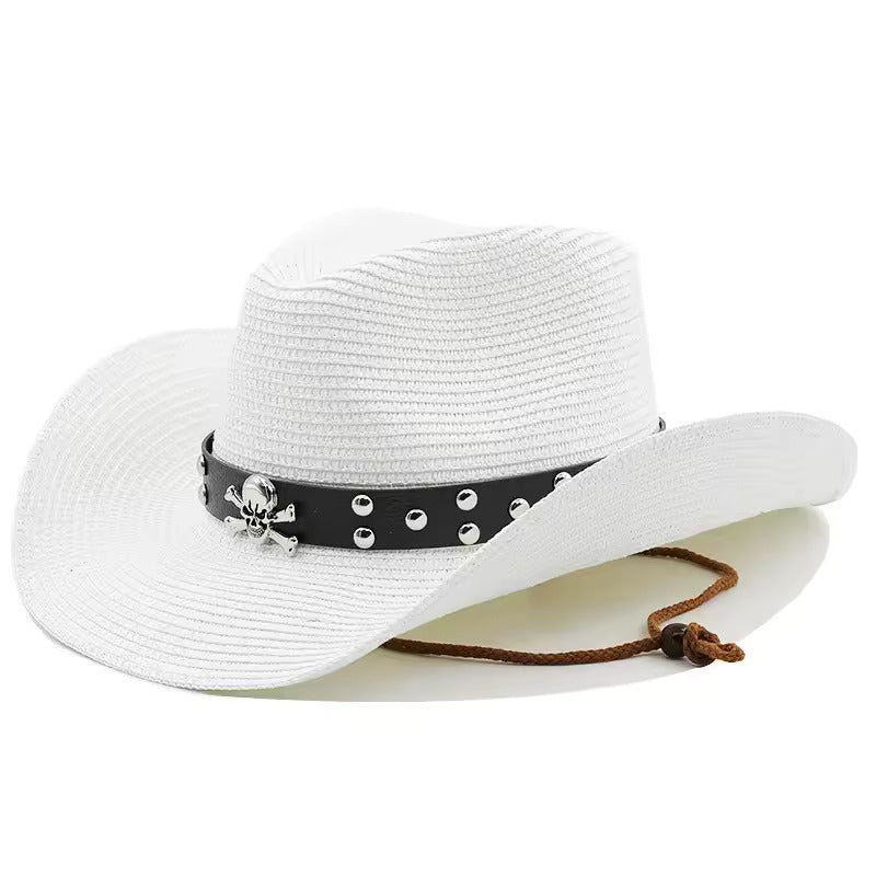 Western Cowboy Hat with Skull Band - White