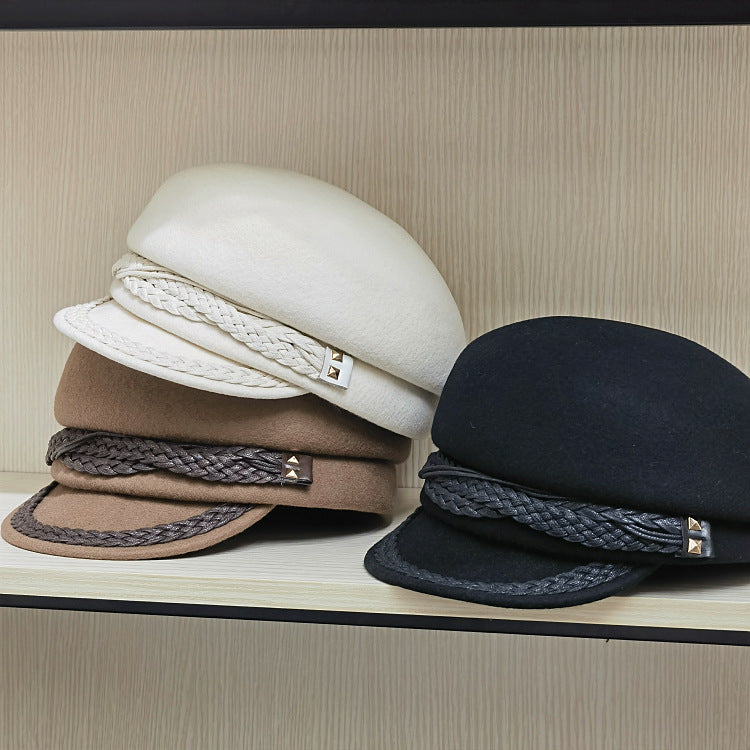 Women's Wool Cabbie Hat with Leather Braids - Winter Hat - All Together
