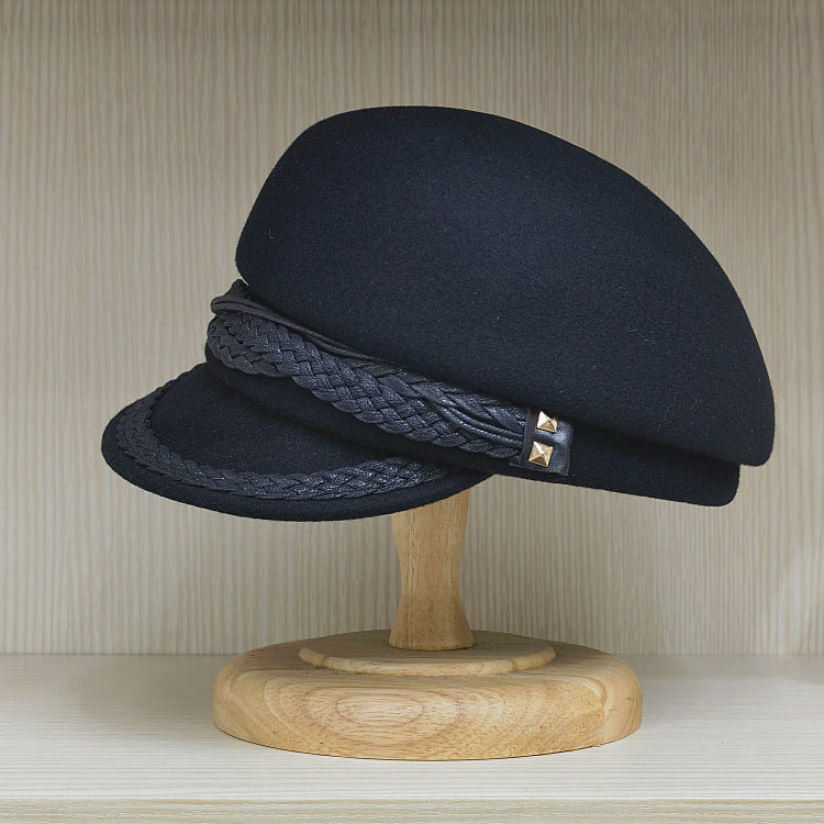 Women's Wool Cabbie Hat with Leather Braids - Winter Hat - Black 