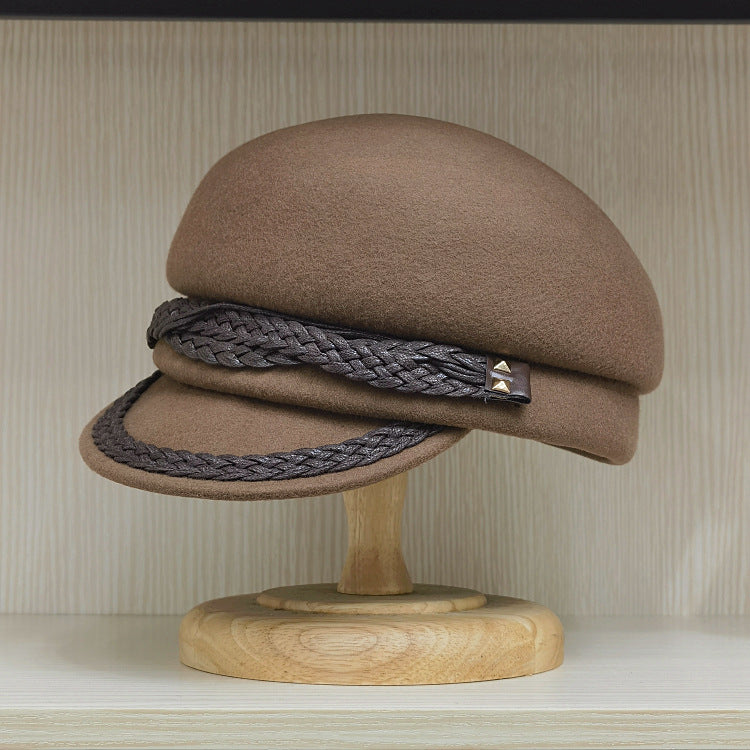 Women's Wool Cabbie Hat with Leather Braids - Winter Hat - Brown 