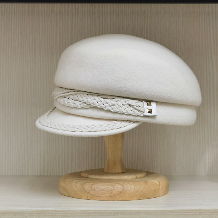 Women's Wool Cabbie Hat with Leather Braids - Winter Hat - White 